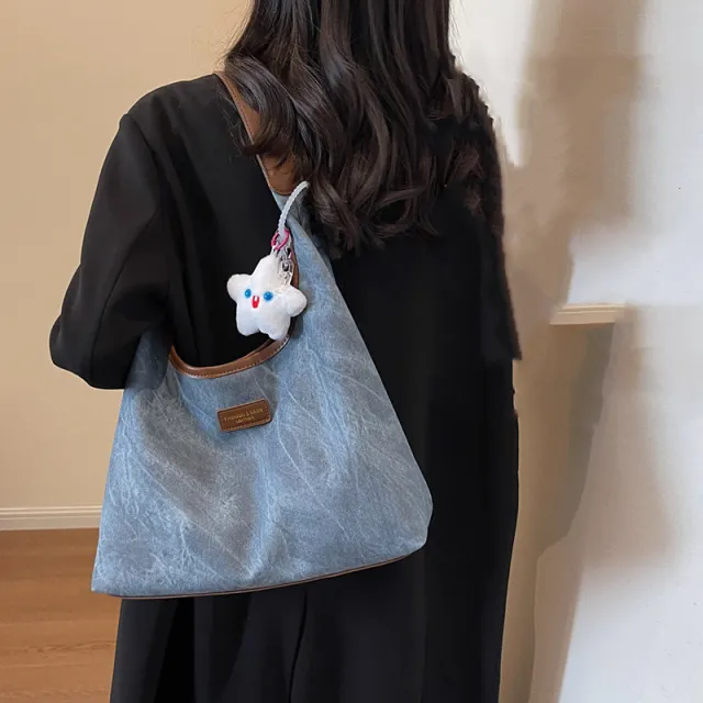 New Autumn And Winter Canvas Denim Tote Bag For College Students, Class Bag, Underarm Shoulder Bag Blue - Shop at LoveMi