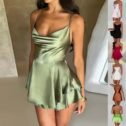 Sexy Suspender Skirt for Women Elegant Slim Strap Satin