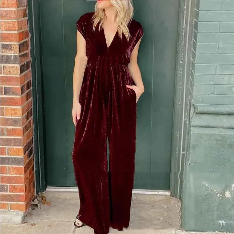 V-neck Short-sleeved High Waist Long Jumpsuit - Wine Red