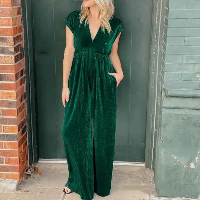 V-neck Short-sleeved High Waist Long Jumpsuit - Green