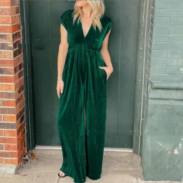 V neck Short sleeved High Waist Long Jumpsuit Green - Shop at LoveMi