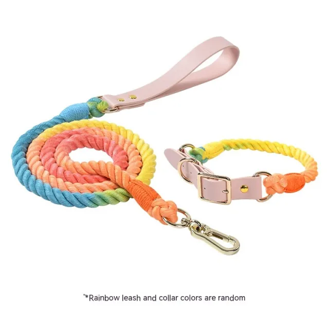 Woven Cotton Rope Leather Pet Dog Collar Suit Set Rainbow - Shop at LoveMi