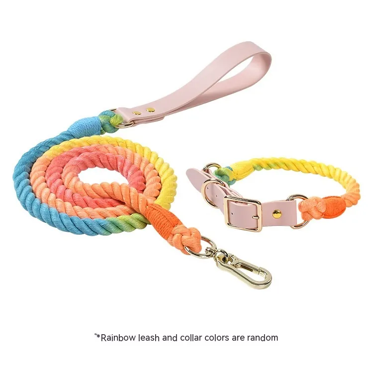 Woven Cotton Rope Leather Pet Dog Collar Suit - Set Rainbow