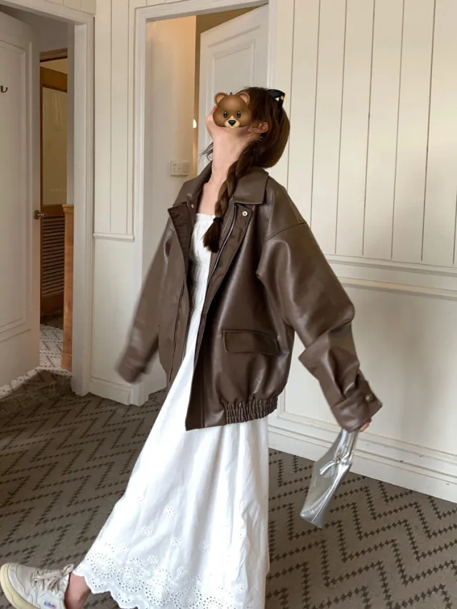 Vintage Coffee Color Leather Coat Women Loose Coffee - Shop at LoveMi