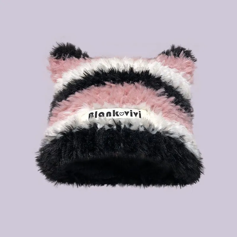 Warm Full With Cat Ears Contrast Color Striped Plush Wool Hat - Black Pink And White Stripes