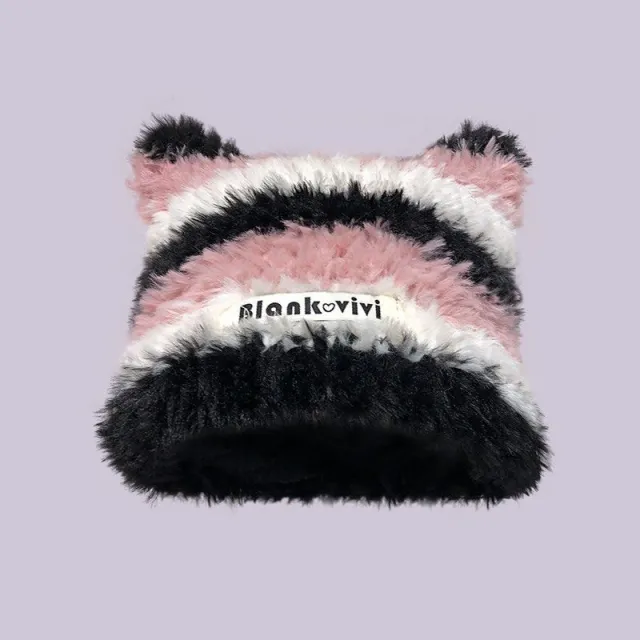 Warm Full With Cat Ears Contrast Color Striped Plush Wool Hat Black Pink And White Stripes - Shop at LoveMi