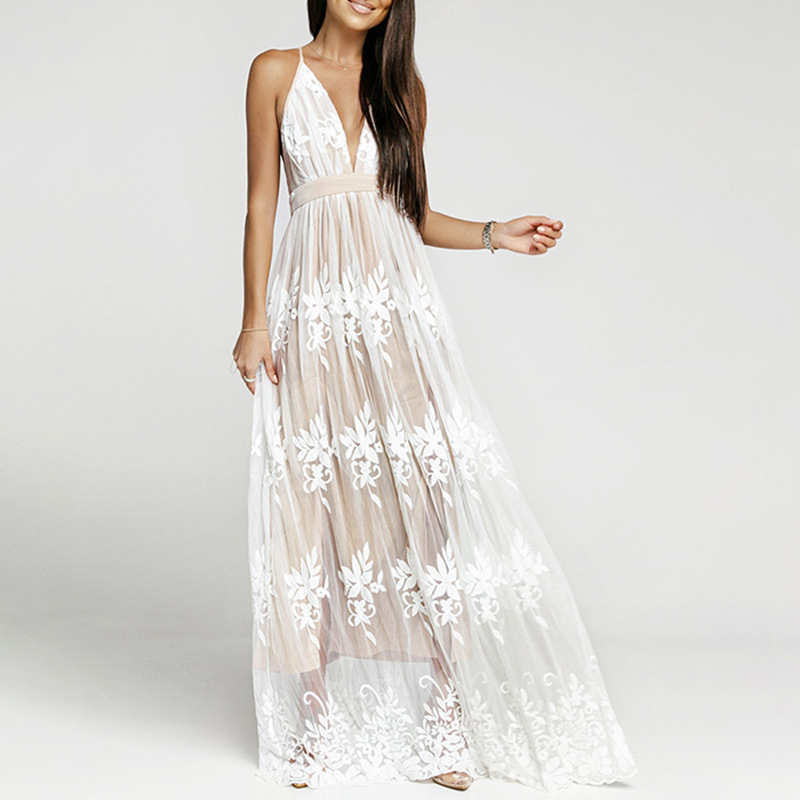 Sling Deep V Mesh Embroidered Dress — image 1