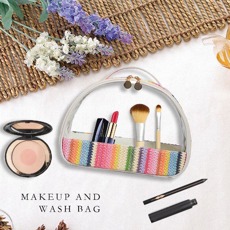 Straw Woven Transparent PVC Semicircle Cosmetic Bag Waterproof Rainbow Woven Toiletries Storage Bag