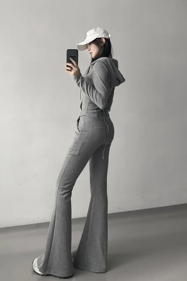 Women Flared Pants Slim Waist Exercise Grey Trousers - Shop at LoveMi