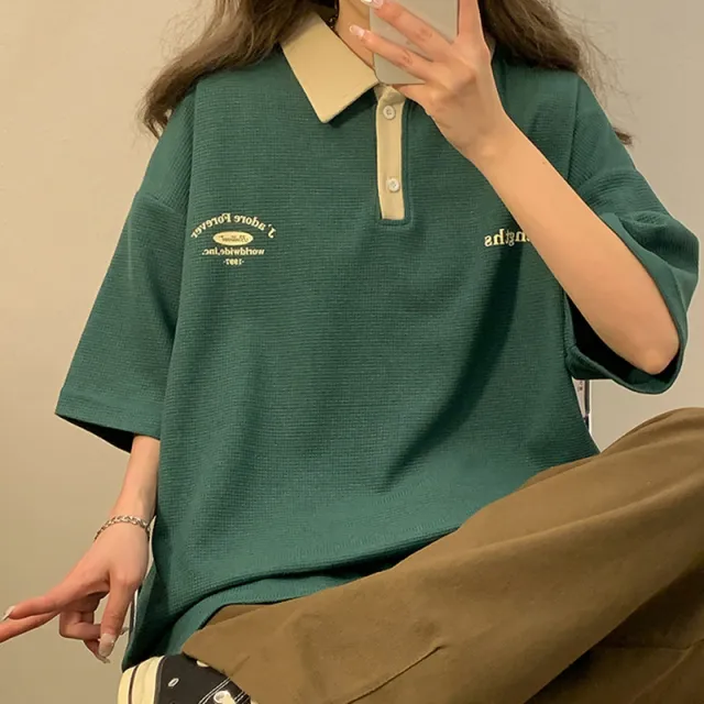Vintage Polo Shirt Short Sleeve Loose For Women Green - Shop at LoveMi