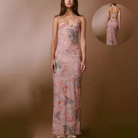 Floral Print Halter Spaghetti Straps Dress Sexy Slim Butterfly