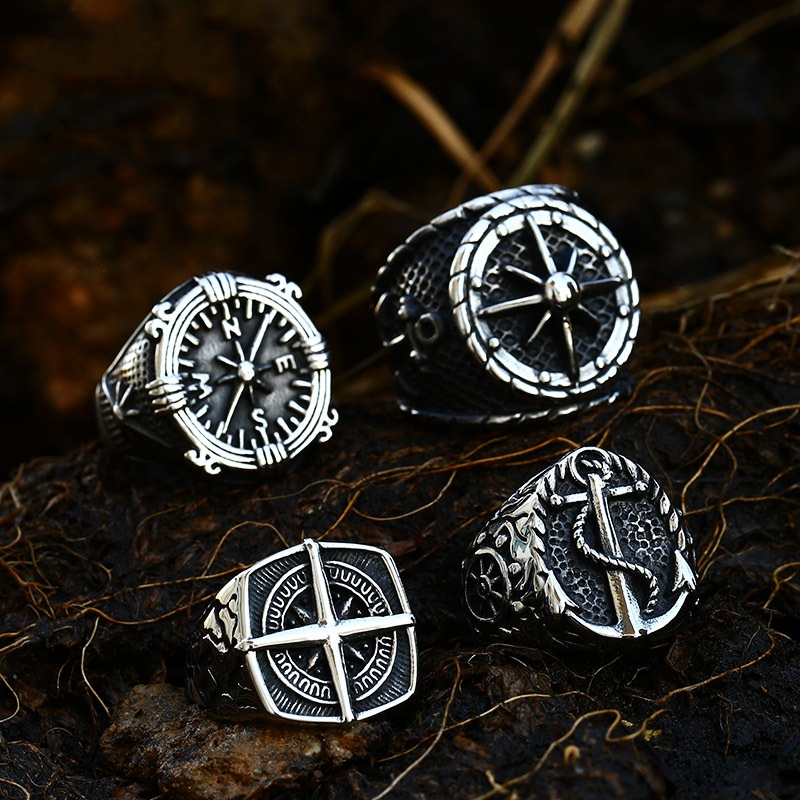 Vintage Compass Titanium Steel Ring Men's Boat Anchor Ring