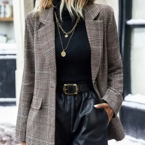 Women's Suit Jacket Plaid Printed Lapel Single Button Long