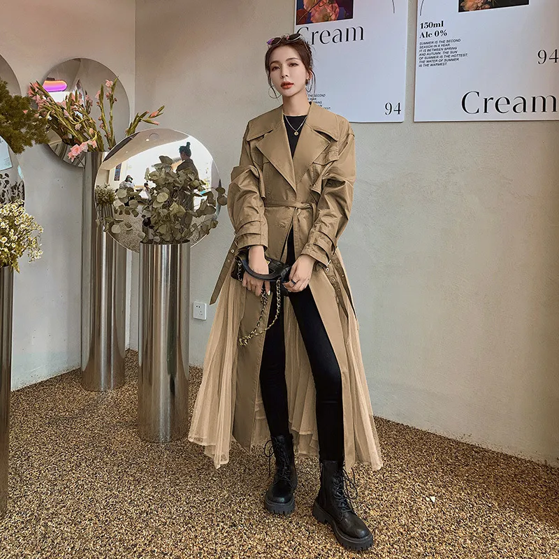 Women's Korean-style Mesh Stitching Green Windbreaker Coat - Khaki