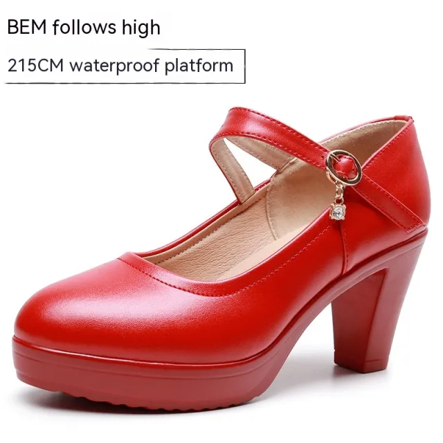 Round Toe Shallow Mouth High Heel Thick Bottom Waterproof Platform Shoes Red - Shop at LoveMi