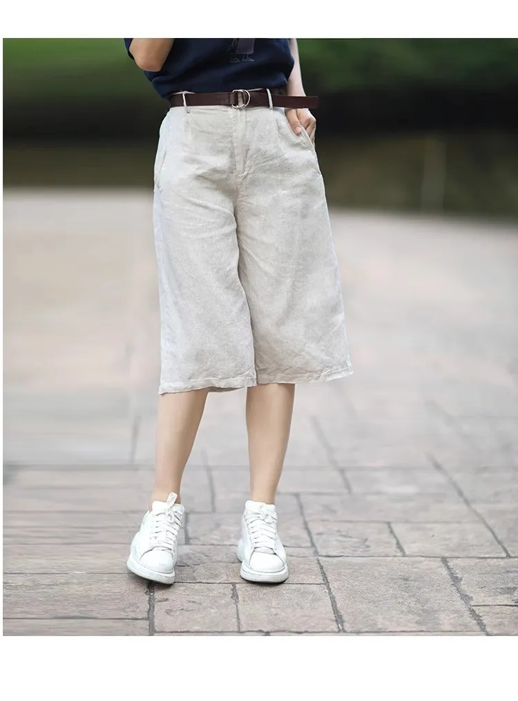 Casual Pants Baggy Oversized Cropped Pants Cotton Linen Cropped Pants Women's Slimming Linen Wide Leg Shorts - Hemp-M