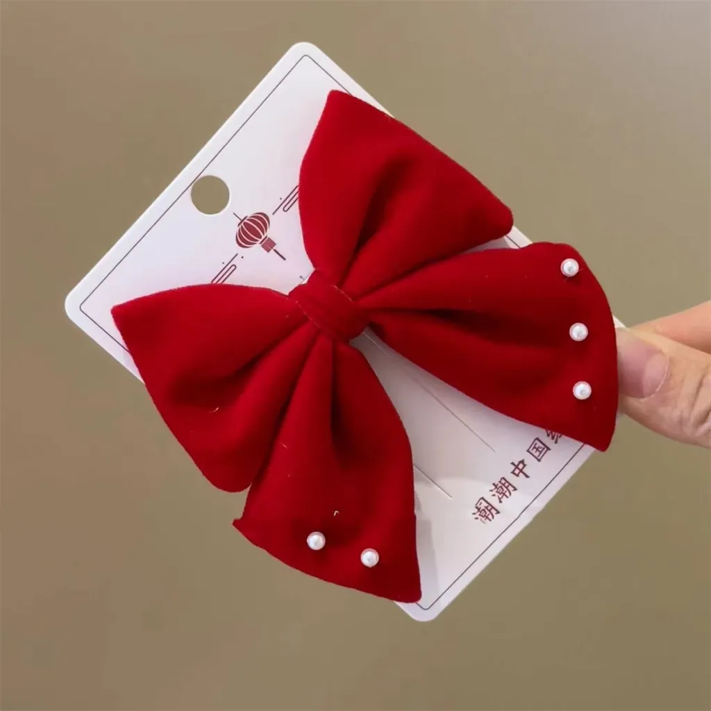 Red Flocking Bow Barrettes Girls - Red Pointed Pearl Style