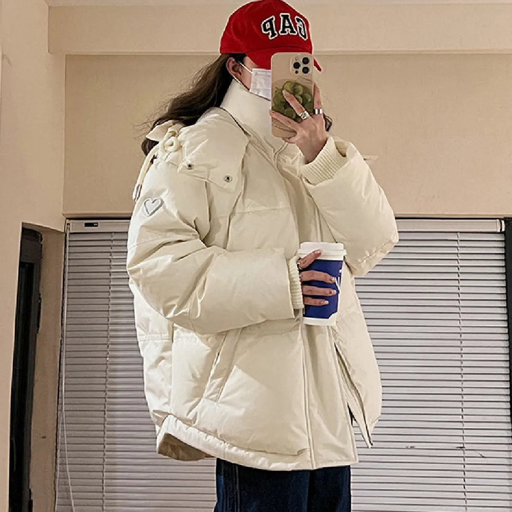 Winter Female With Hearts Short Down Jacket Coat - White