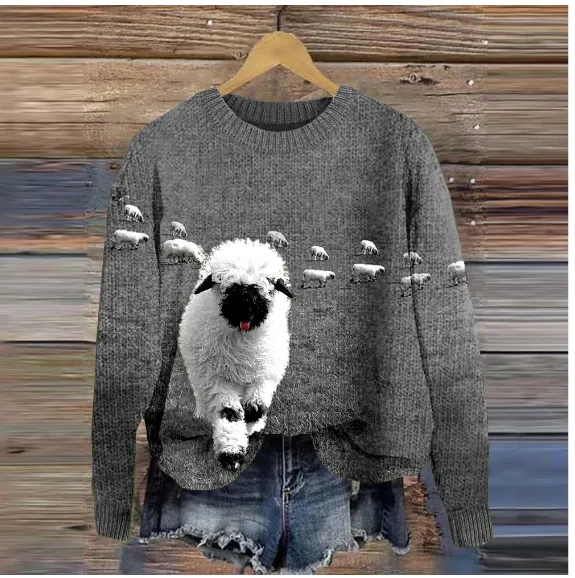 3D Printed Christmas Round Neck Sweater Grey - Shop at LoveMi