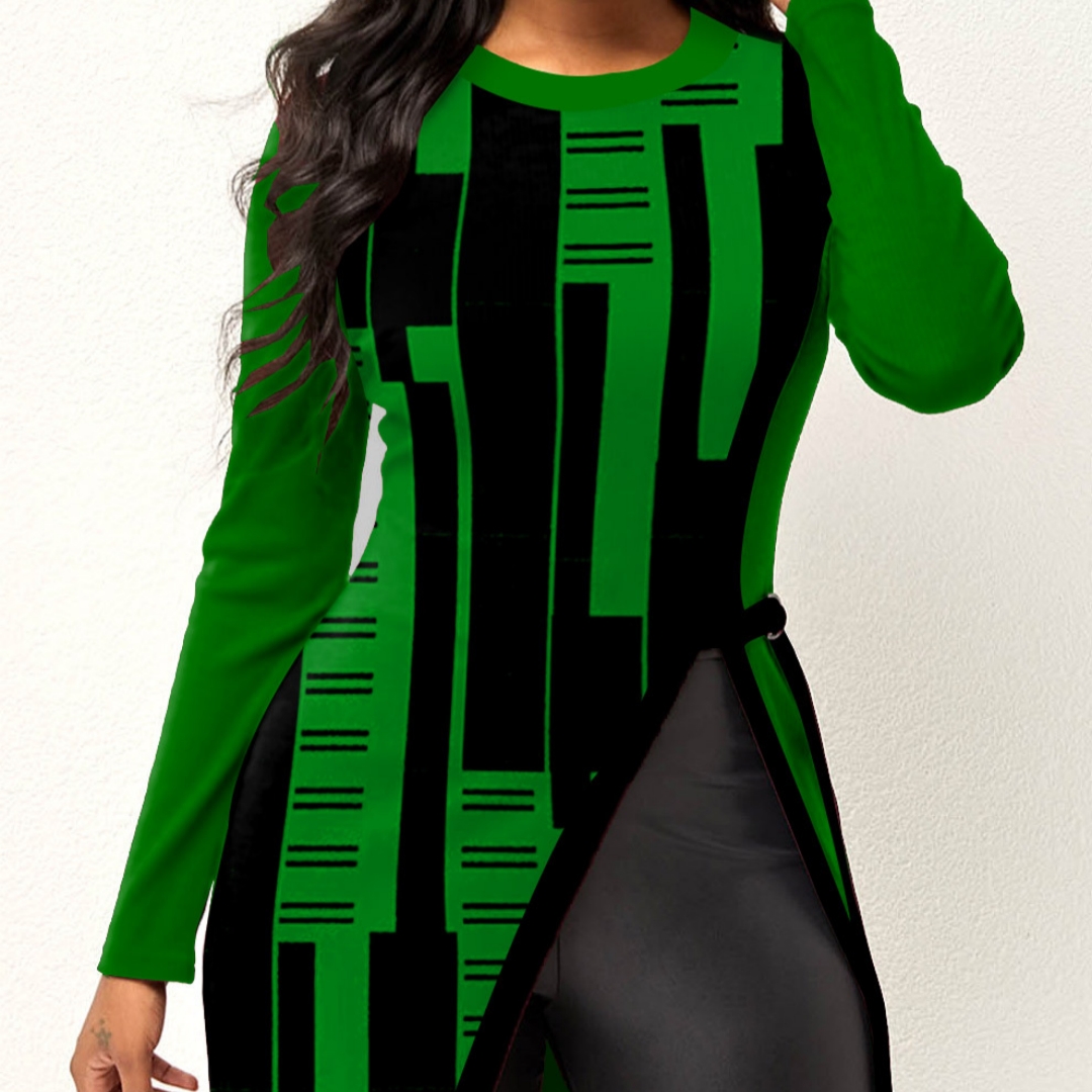 Geometric Printing Long Sleeve Split Dress