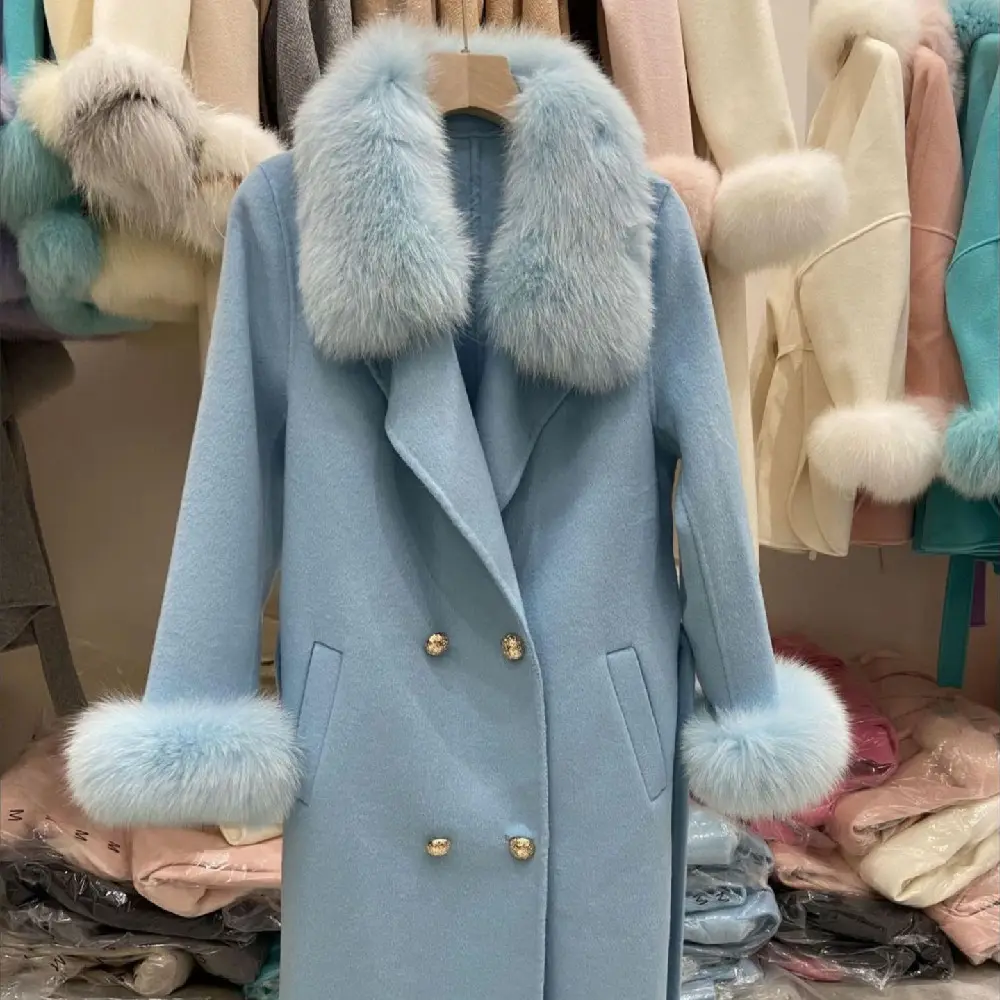 Fox Fur Collar Wool Double-sided Woolen Coat Long