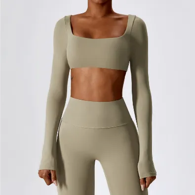 Long Sleeve Yoga Wear Outdoor Running Exercise T shirt Brownset - Shop at LoveMi