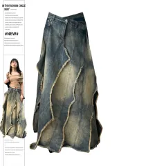 Plus Size Retro Y2g Irregular Lamination Cross Denim Long Skirts Female - Blue - View 1