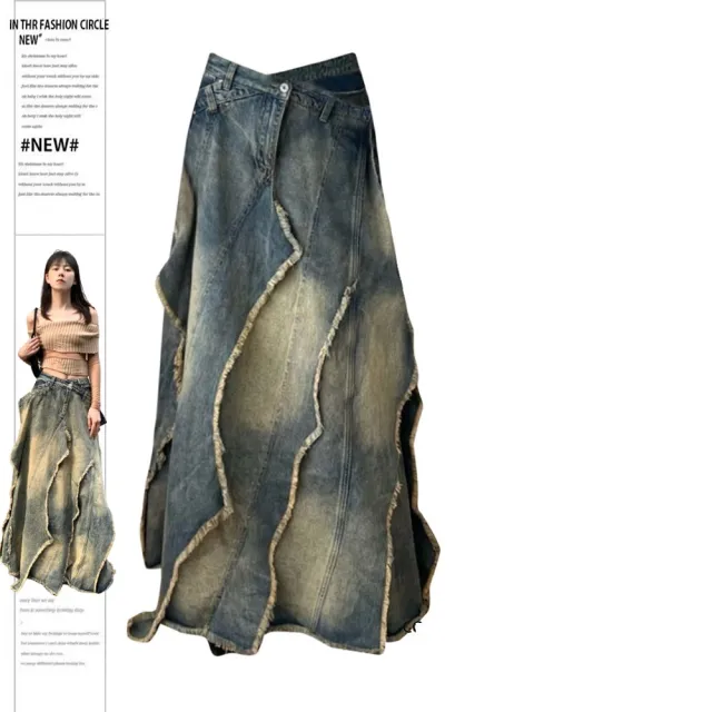 Plus Size Retro Y2g Irregular Lamination Cross Denim Long Skirts Female Blue - Shop at LoveMi