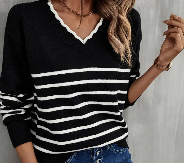 Autumn And Winter New V neck Striped Sweater Sweater For Women Black - Shop at LoveMi