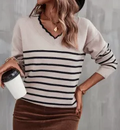Autumn And Winter New V-neck Striped Sweater Sweater For Women - Apricot - View 1