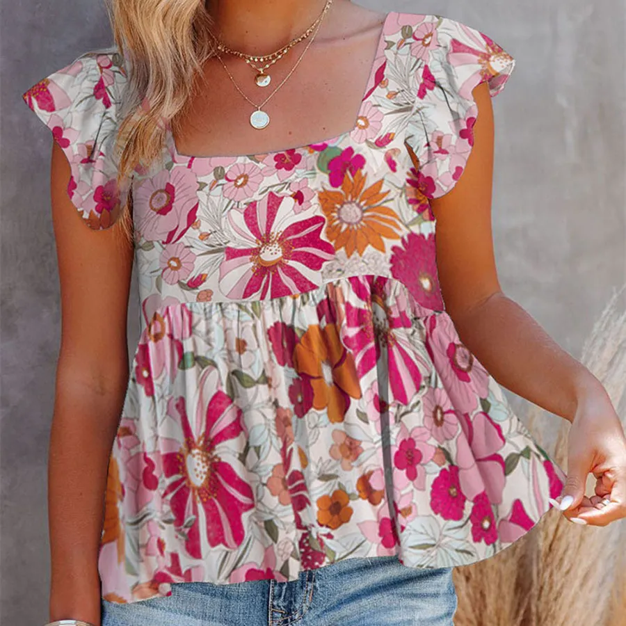 Summer Women's Sleeveless Top With Printed Square Neck Vest - Multi Color-S