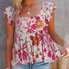 Summer Women's Sleeveless Top With Printed Square Neck Vest - Multi Colour-M - View 1