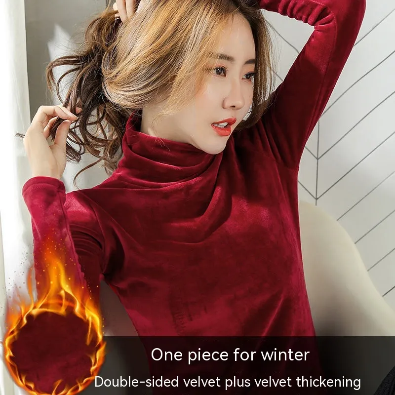 Warm Long Sleeved Women's Bottom Shirt - Double Sided Velvet Red
