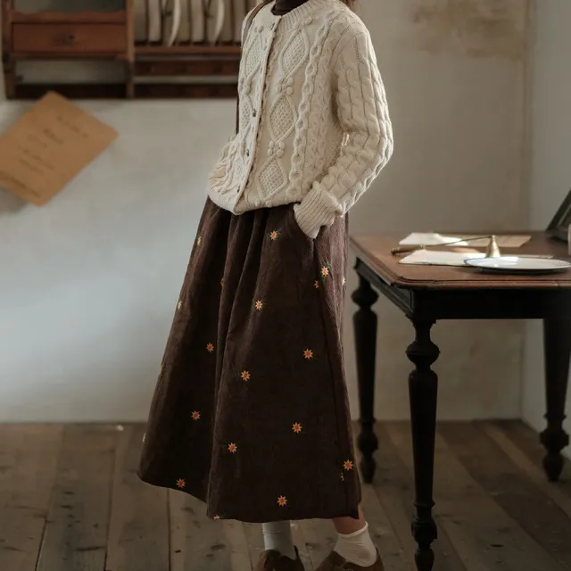 Retro Corduroy Half Skirt Embroidered Women Coffee - Shop at LoveMi