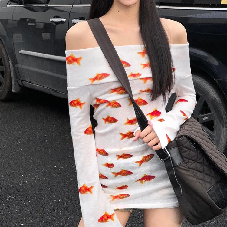 One Shoulder Goldfish Print Long Sleeved Dress - White