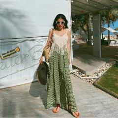 Vacation Style High Waist Slit Chiffon Wide-leg Pants - Green Plaid - View 1