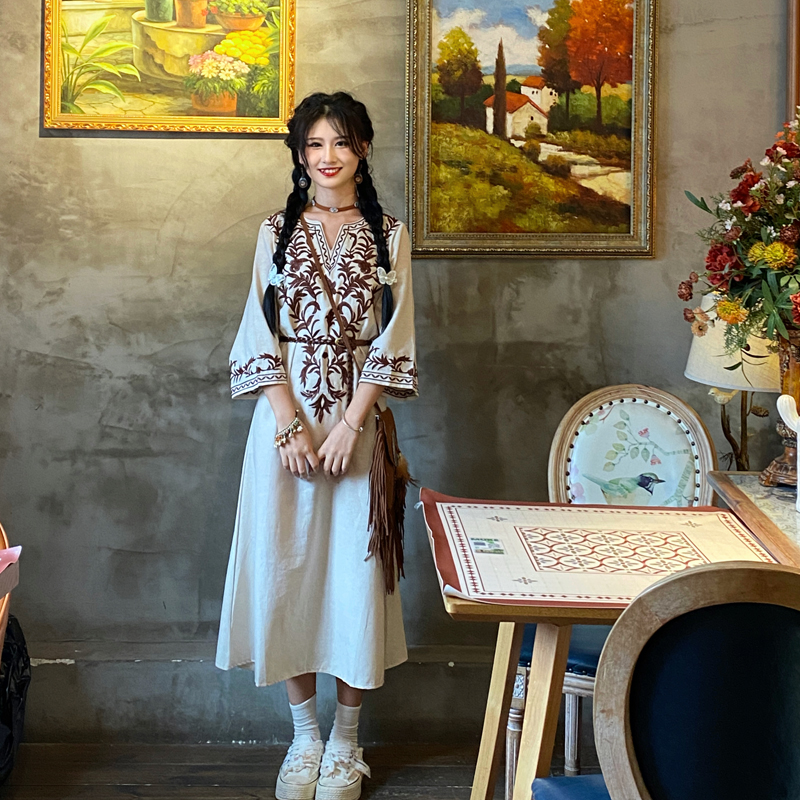 Ethnic Style Embroidered Cotton And Linen Dress — image 1