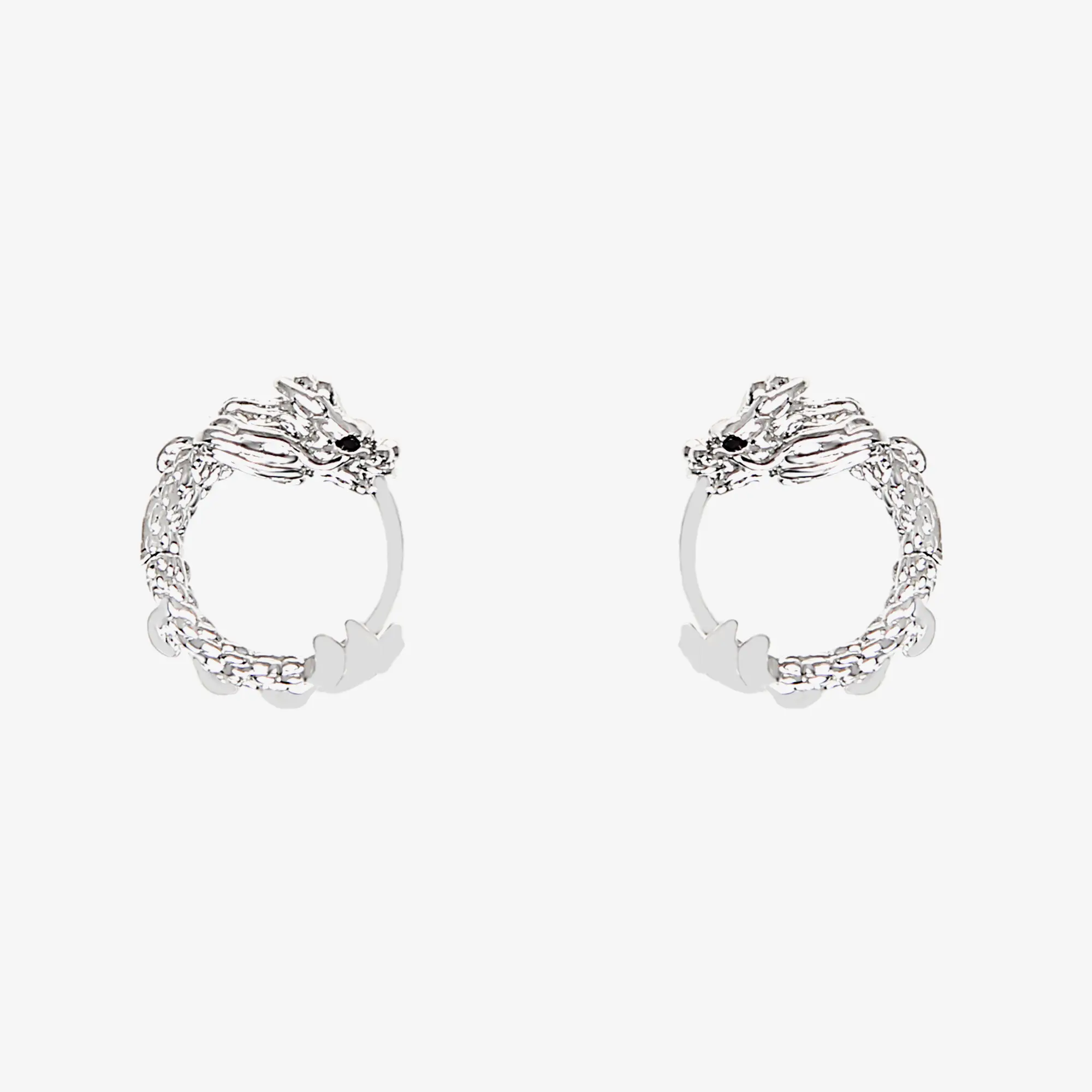 Silver Plain Ring Dragon Pattern Earrings
