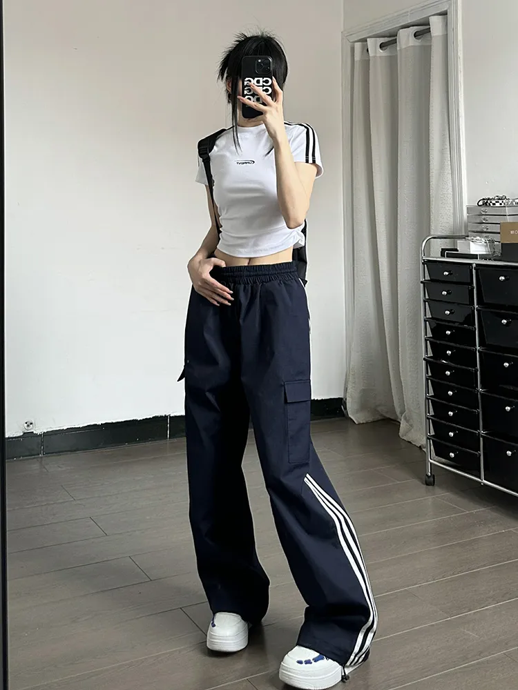 Elastic High Waisted Drawstring Casual Pants For Women - Navy Blue