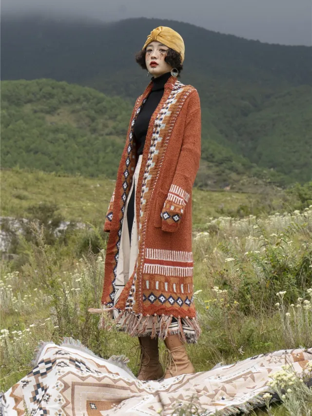 Medium Length Sweater Loose Knit Jacket Orange - Shop at LoveMi