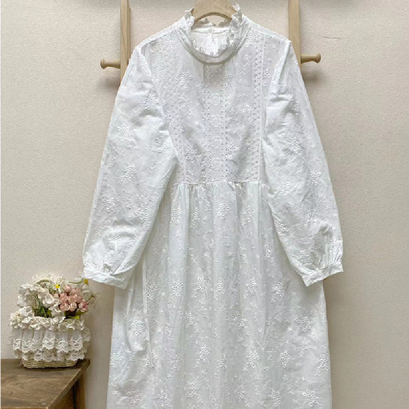 Loose Casual Embroidered Cotton Solid Color Long Sleeve Dress — image 1