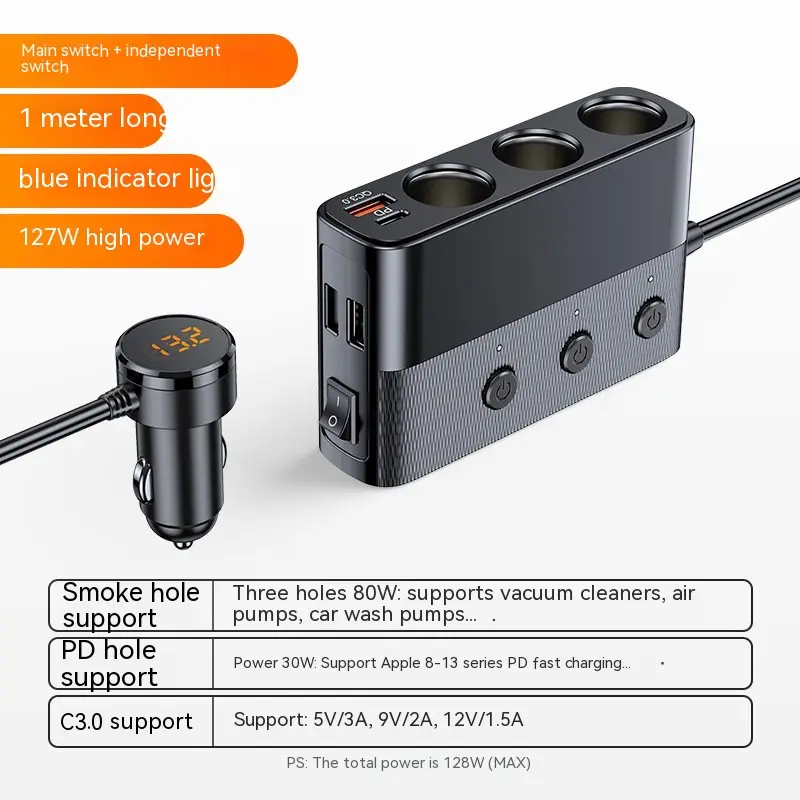 One-to-three Vehicle Cigarette Lighter Multi-function USB30 And PD Interface