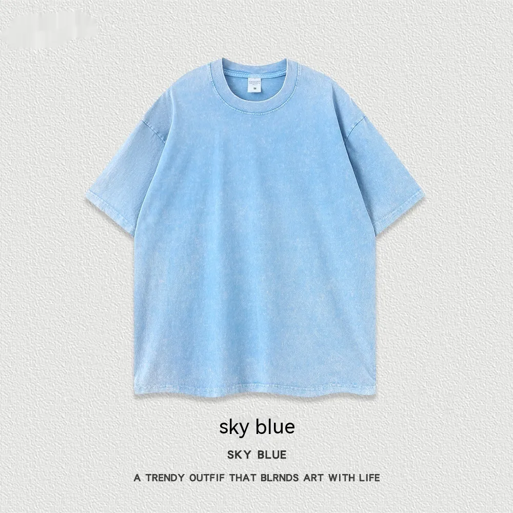 Women's American-style Distressed Linen Cotton Short Sleeve - Sky Blue