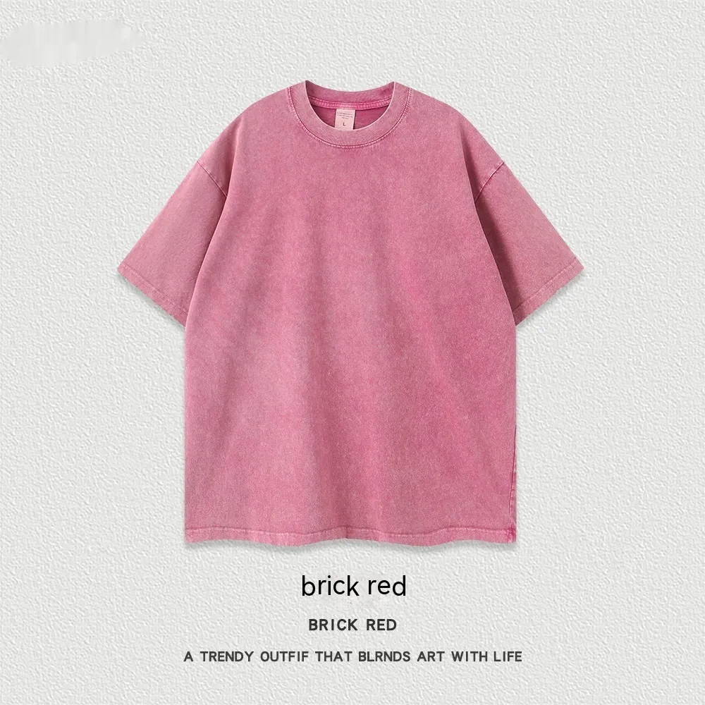 Women's American-style Distressed Linen Cotton Short Sleeve - Brick Red