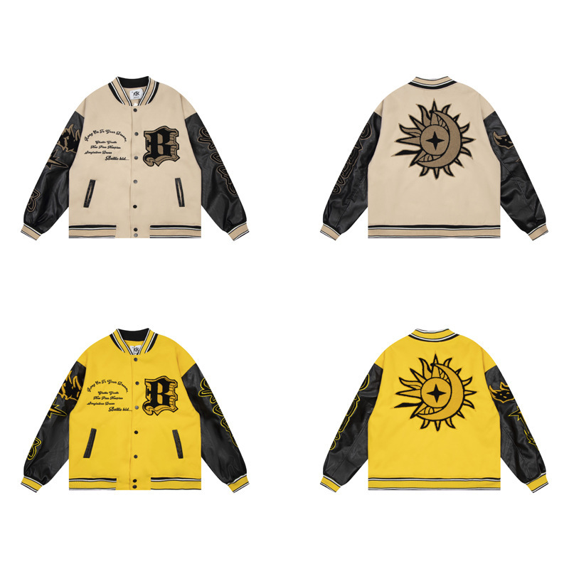 Spring And Autumn American Retro Fire Element Yellow Letters Baseball Uniform