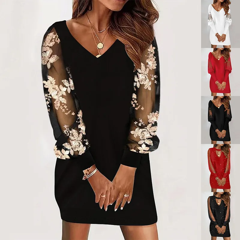 Long-sleeved V-neck Dress Spring and Autumn New Style Lace