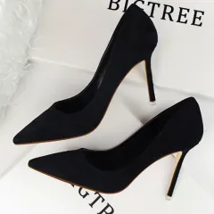 Korean women's shoes fashion simple stiletto with high-heeled shallow mouth pointed suede sexy thin single shoes high heels - Black - View 1