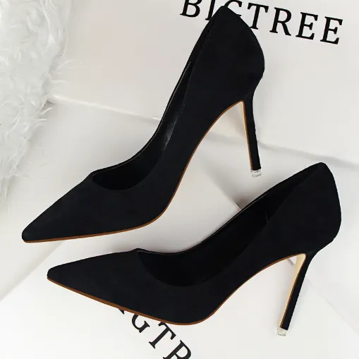 Korean women's shoes fashion simple stiletto with high heeled shallow mouth pointed suede sexy thin single shoes high heels Black - Shop at LoveMi