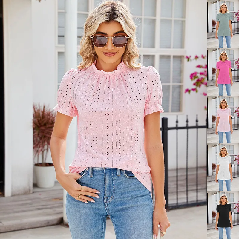 New Fashion Lacework Round Neck Top Summer Puff Sleeves