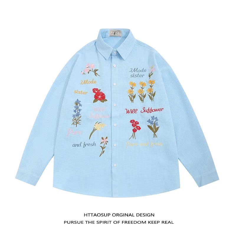 Retro Bear Embroidery Short Sleeve Plaid Shirt Summer Clothing - Blue Long Sleeved